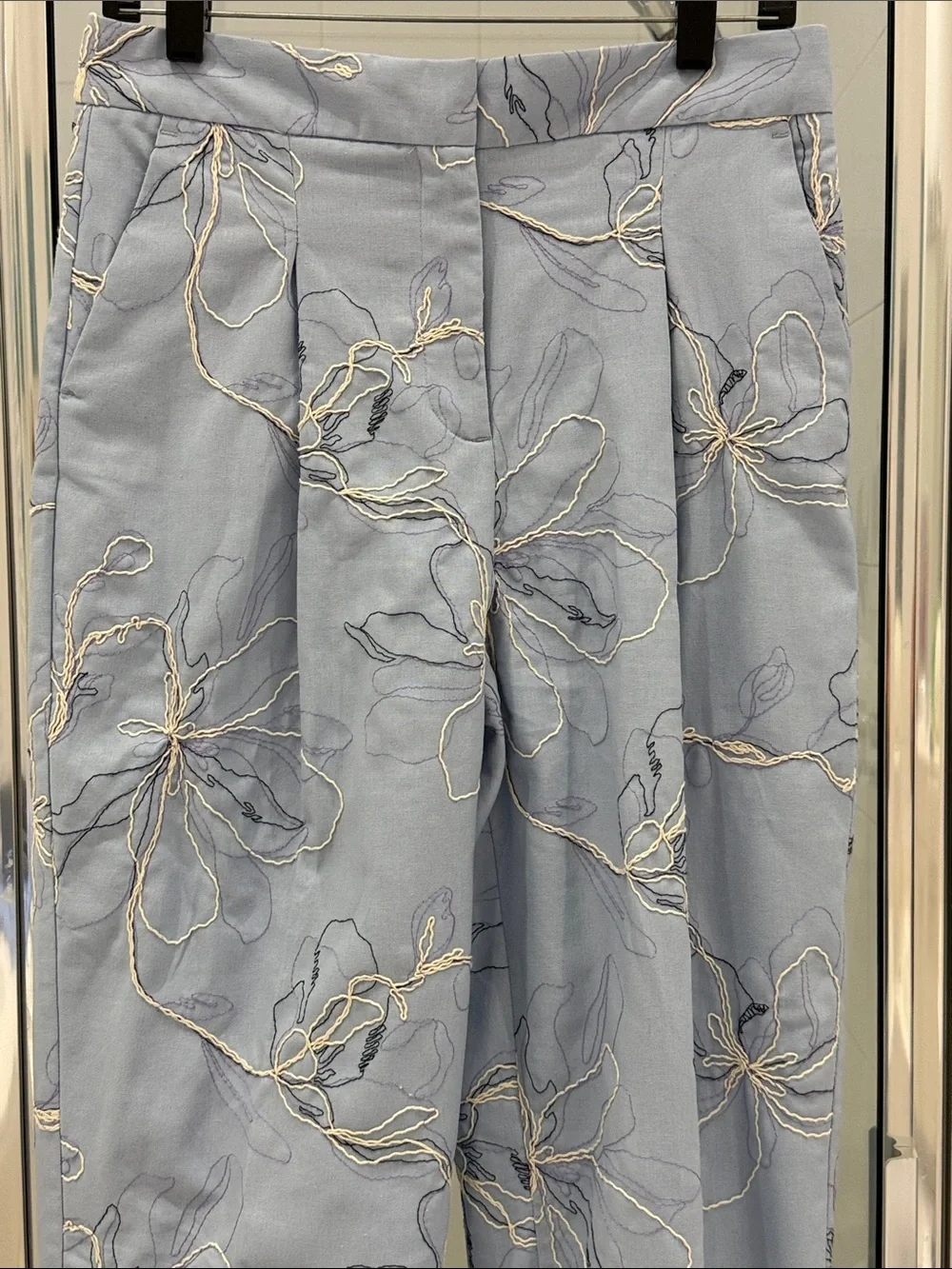 Zara Light Blue Floral Embroidered Linen Blend Ankle Pants High Rise size Small